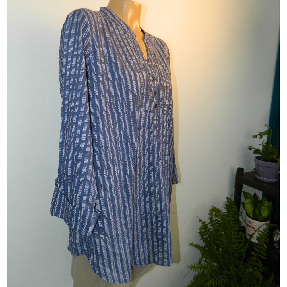 Hester & Orchard Tunic Top Women Large Blue White Striped Split Neck Cotton New - Picture 4 of 11